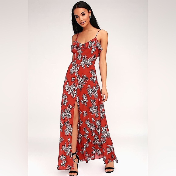 Lulus Bloom On Rust Floral Print Long Maxi Dress w/Side Slit, Red, Size XS - Picture 2 of 16